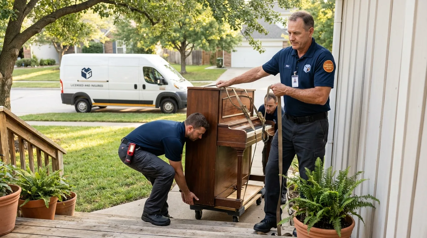 Licensed piano movers securing grand piano in Windsor Locks, CT