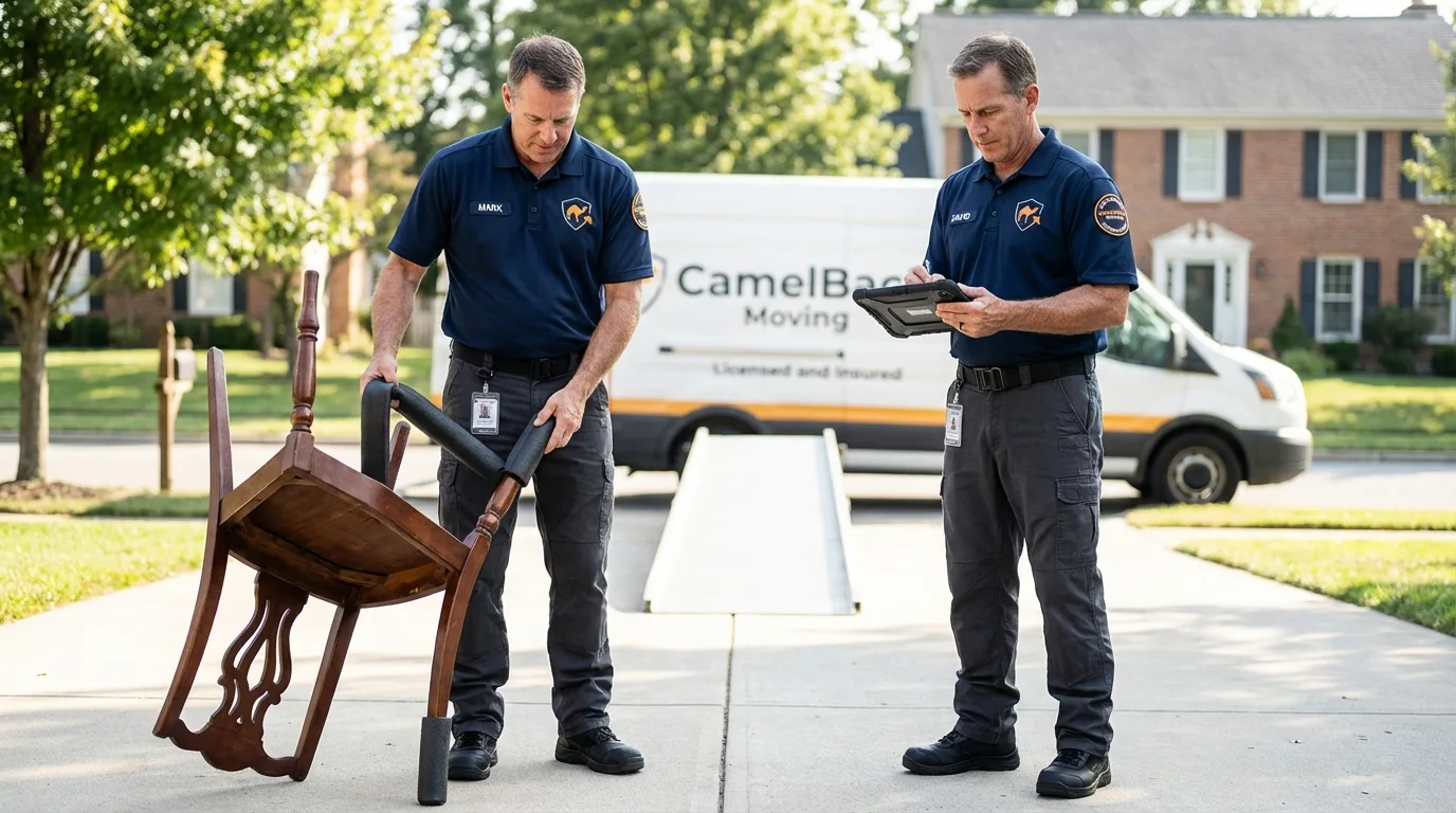 Movers inspecting furniture for damage prevention before loading in Windsor Locks, CT